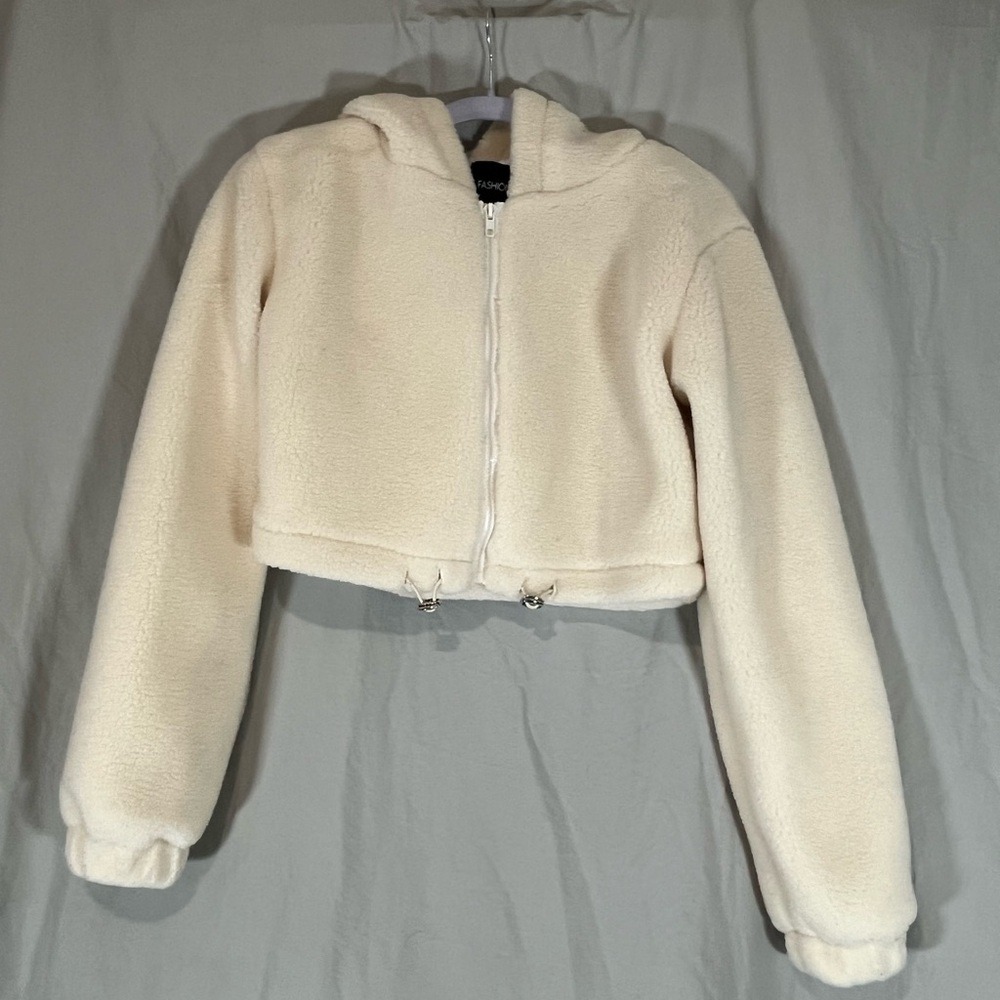 Fashion Nova Womens XS‎ Cream Teddy Faux Shearling Cropped Zip Up Hoodie Jacket